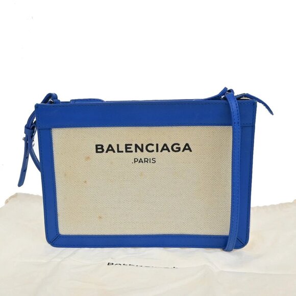 BALENCIAGA Logo 2Way Shoulder Clutch Bag Canvas Leather Beige Blue - Picture 1 of 11